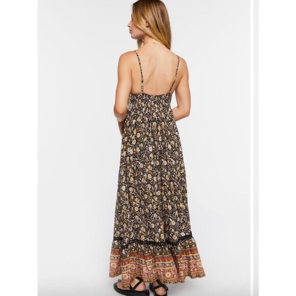 Forever 21 Crochet Floral Sundress L Black Babydoll Maxi Festival Hippie Gypsy - Picture 3 of 16
